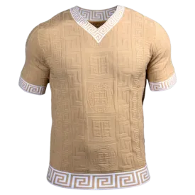 Prestige beige men's v-neck t-shirts greek key white trim around the Collar and Sleeves