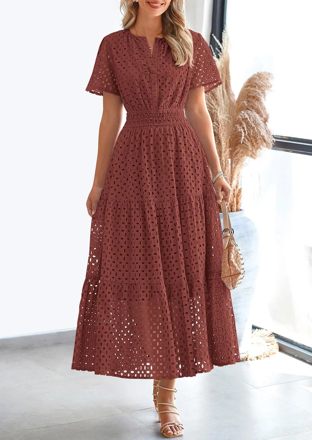 PRETTYGARDEN Womens 2025 Summer Maxi Dress Short Sleeve V Neck Hollow Out Eyelet A Line Long Flowy Beach Vacation Dresses