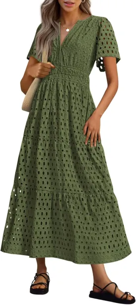PRETTYGARDEN Womens 2025 Summer Maxi Dress Short Sleeve V Neck Hollow Out Eyelet A Line Long Flowy Beach Vacation Dresses