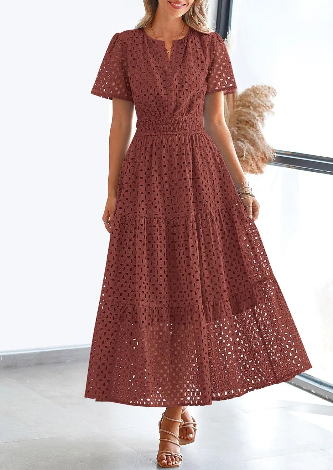PRETTYGARDEN Womens 2025 Summer Maxi Dress Short Sleeve V Neck Hollow Out Eyelet A Line Long Flowy Beach Vacation Dresses