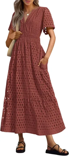 PRETTYGARDEN Womens 2025 Summer Maxi Dress Short Sleeve V Neck Hollow Out Eyelet A Line Long Flowy Beach Vacation Dresses