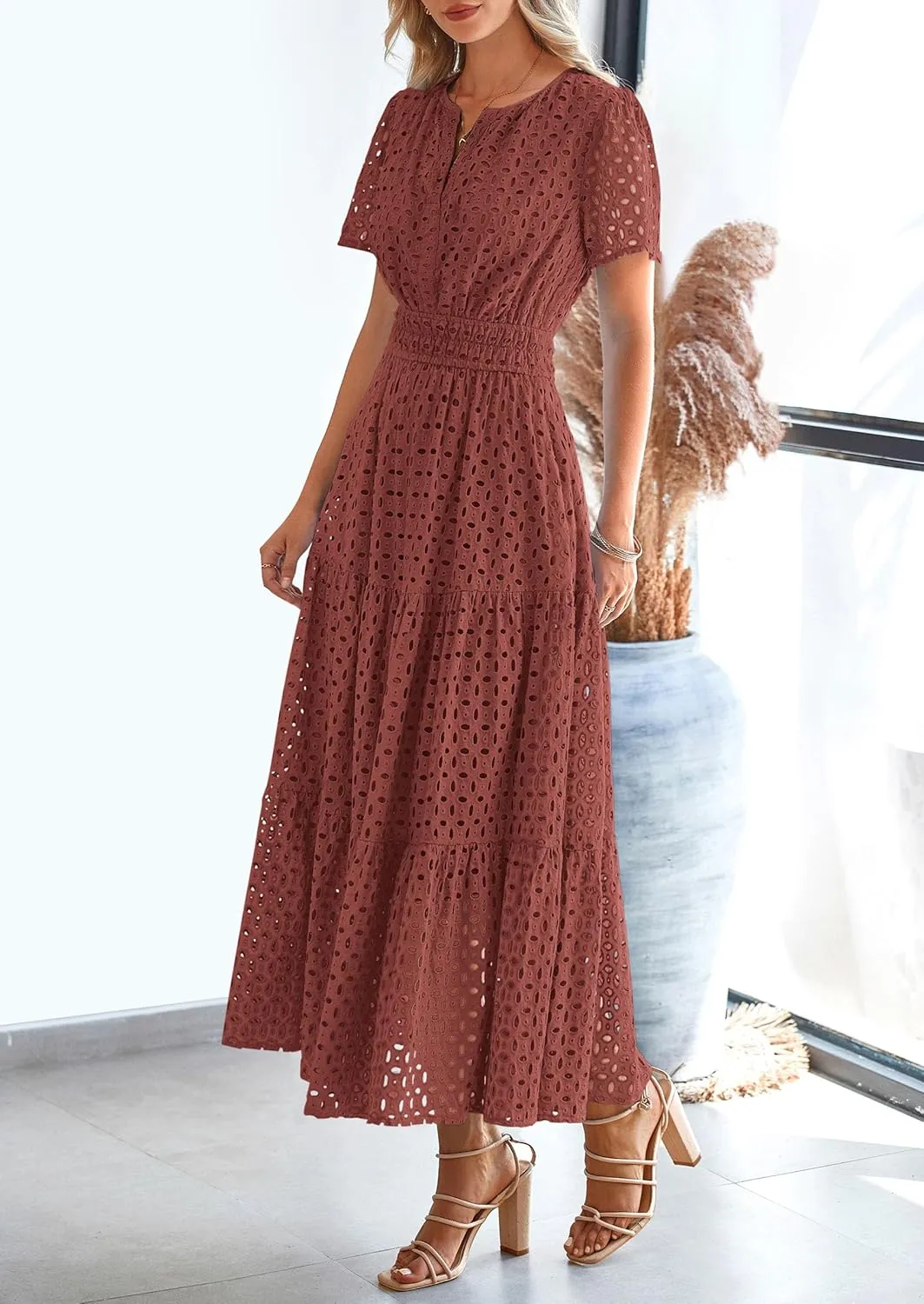 PRETTYGARDEN Womens 2025 Summer Maxi Dress Short Sleeve V Neck Hollow Out Eyelet A Line Long Flowy Beach Vacation Dresses