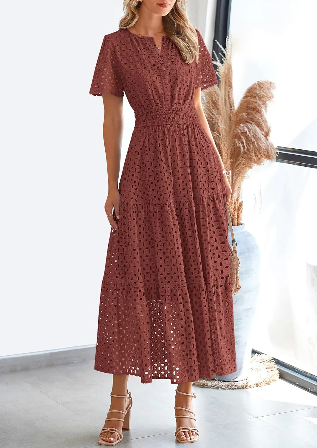 PRETTYGARDEN Womens 2025 Summer Maxi Dress Short Sleeve V Neck Hollow Out Eyelet A Line Long Flowy Beach Vacation Dresses