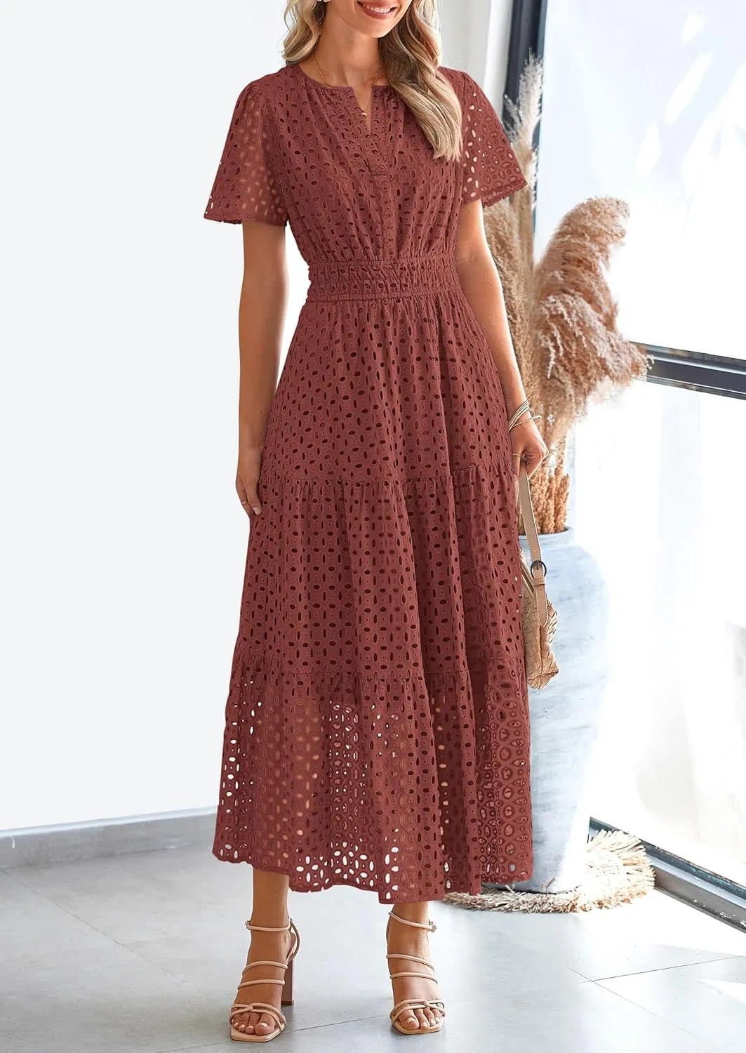PRETTYGARDEN Womens 2025 Summer Maxi Dress Short Sleeve V Neck Hollow Out Eyelet A Line Long Flowy Beach Vacation Dresses
