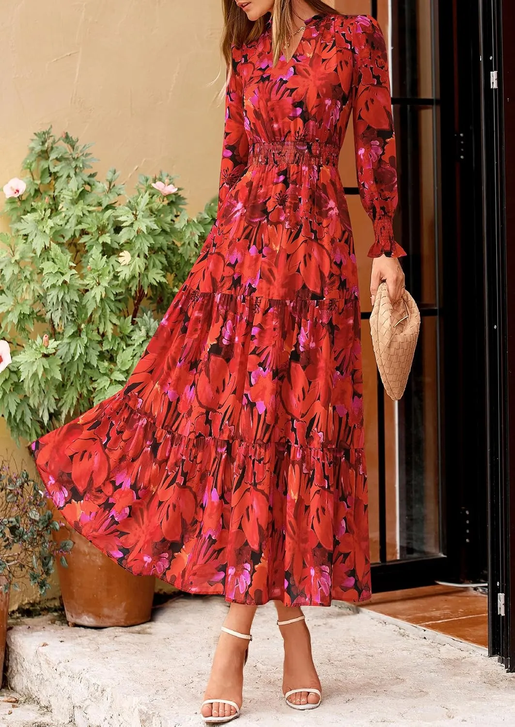 PRETTYGARDEN Women's Floral Maxi Dress 2025 Spring Long Sleeve V Neck Casual A Line Long Flowy Boho Party Dresses