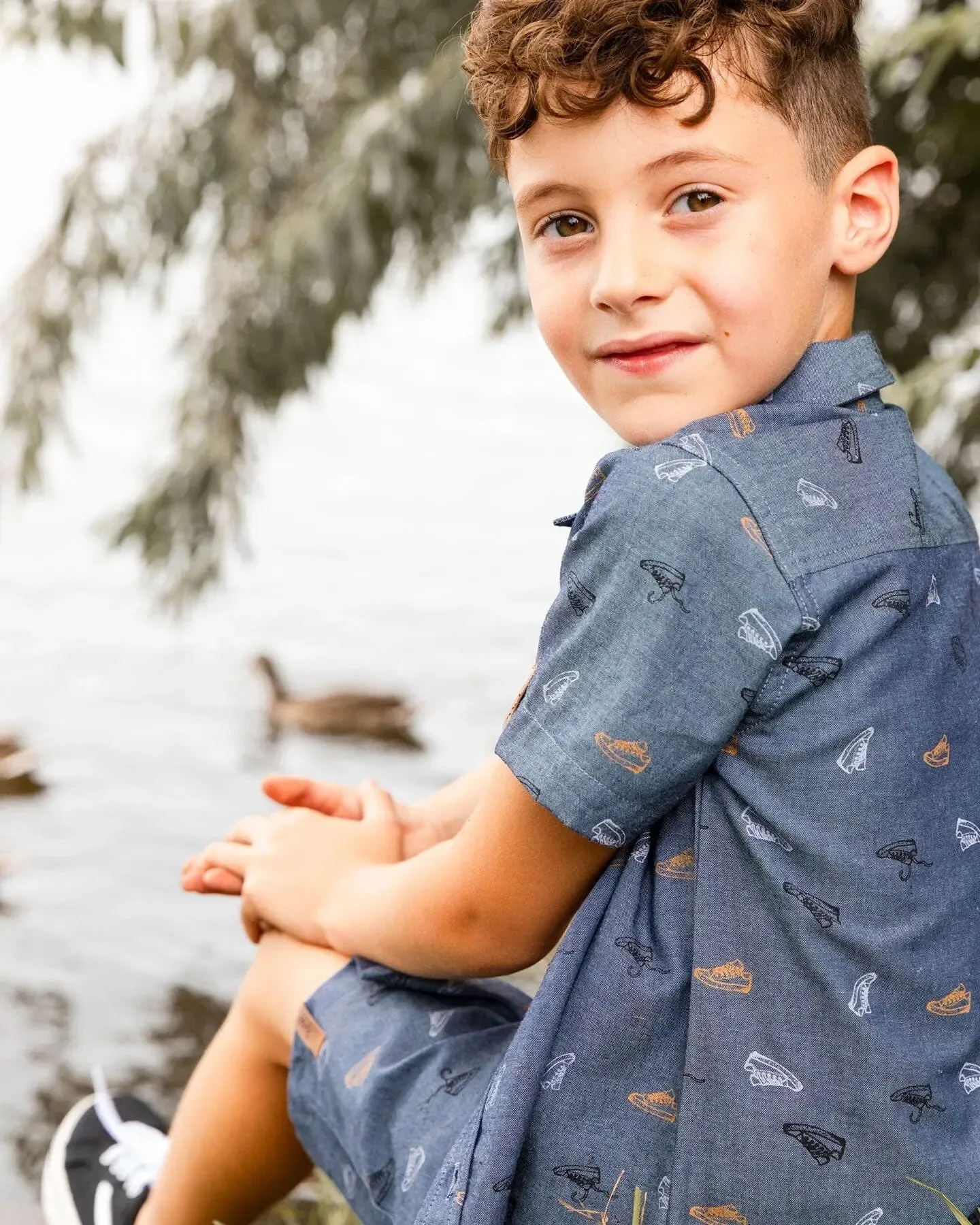 Printed Chambray Short Gray, White And Tan