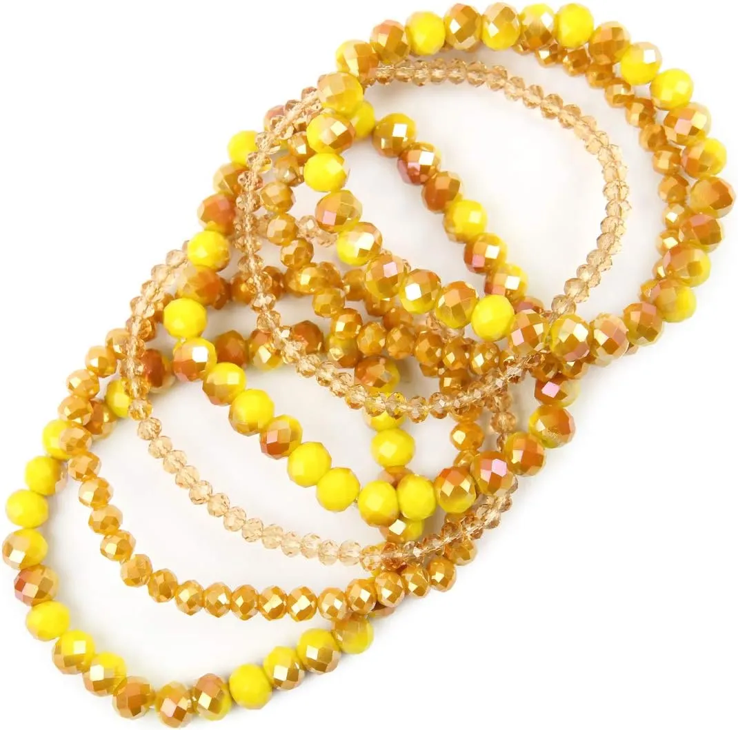 RIAH FASHION Bohemian Multi-Layer Beaded Stacking Statement Bracelets - Versatile Stretch Strand Sparkly Crystal Beads Wrap Slip-on Cuff Bangle Set