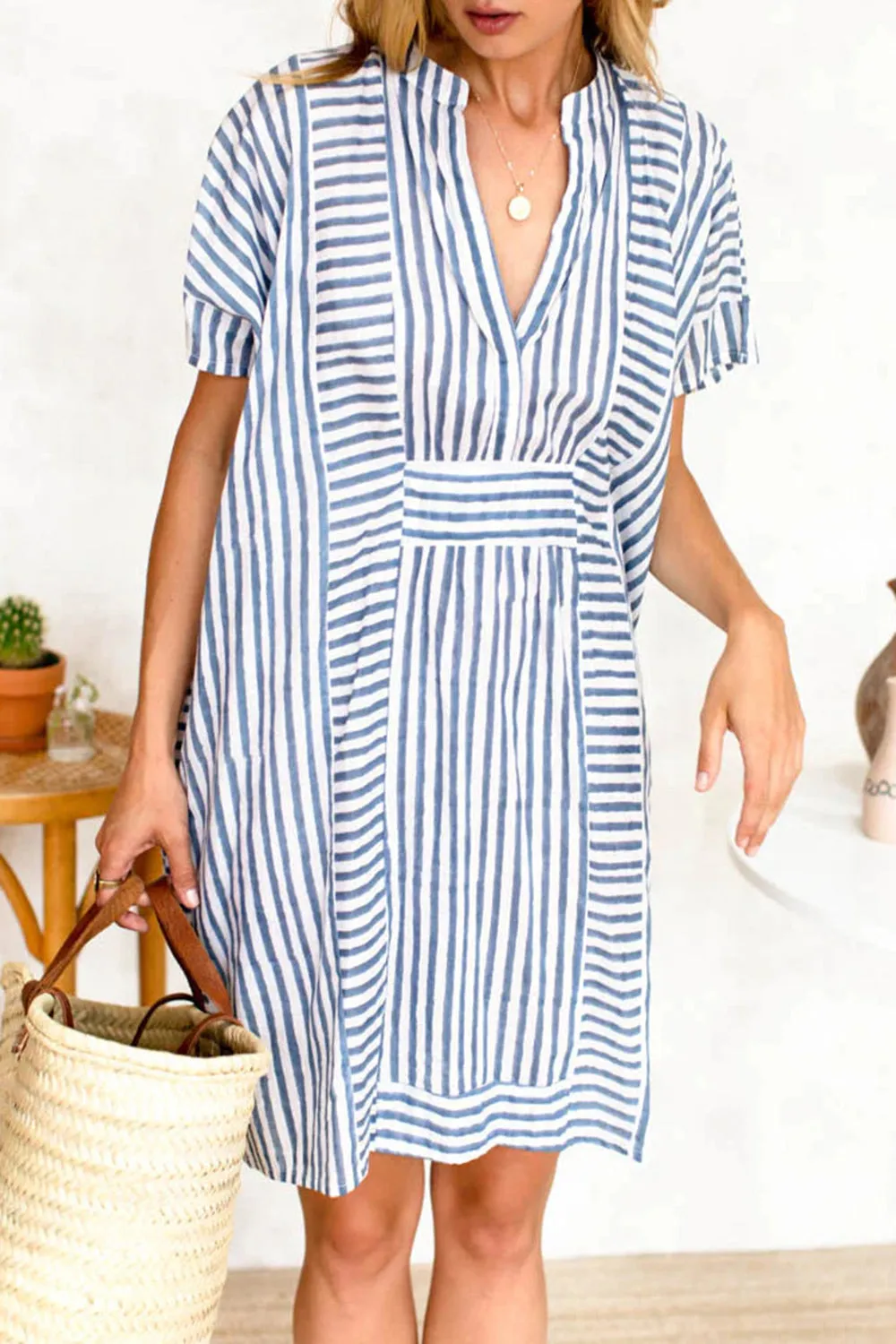 Striped Notched Short Sleeve Tunic Mini Dress 100% Cotton Women's Casual Beach Summer Dress