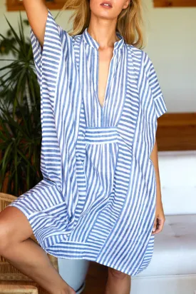 Striped Notched Short Sleeve Tunic Mini Dress 100% Cotton Women's Casual Beach Summer Dress