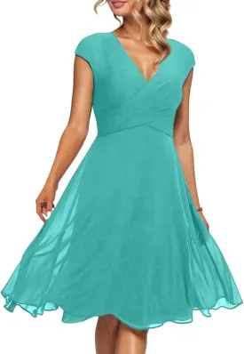 Summer Midi Dresses for Women Chiffon Bridesmaid Dresses Fit and Flare Dress V Neck Cap Sleeve Tie Empire Waist Frocks