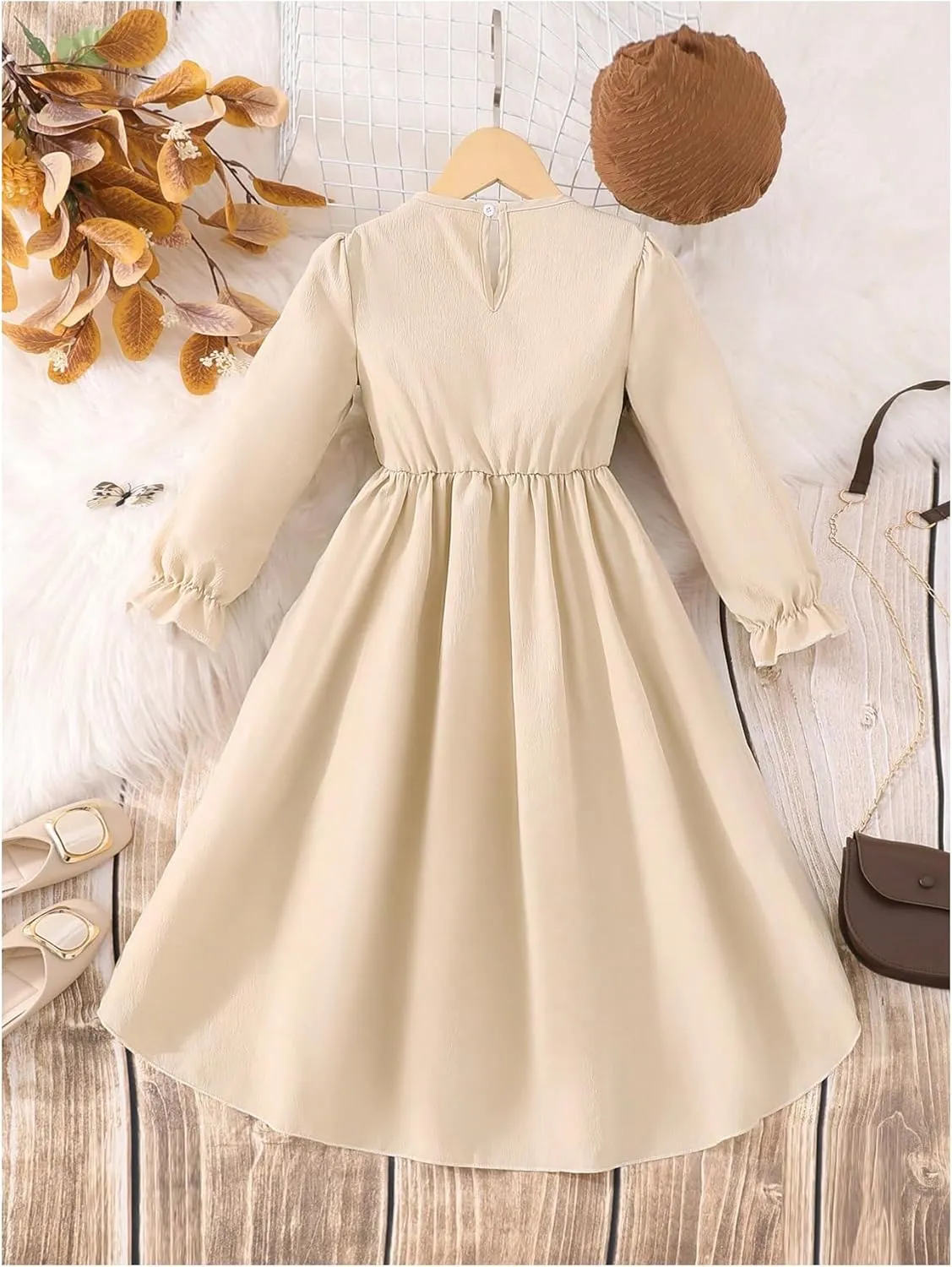 SweatyRocks Girl's Fall Dress Crewneck Asymmetrical Hem Long Sleeve A Line Dresses with Hat