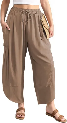 TARSE Women's Linen Harem Pants Casual Loose Drawstring Elastic Waist Summer Beach Travel Vacation with Pockets