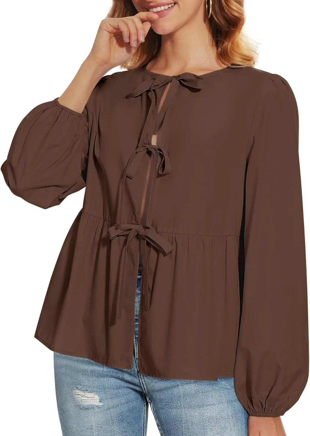 Tie Front Tops for Women Puff Long Sleeve Shirt Peplum Hem Cute Babydoll Blouse Y2k Going Out Tops