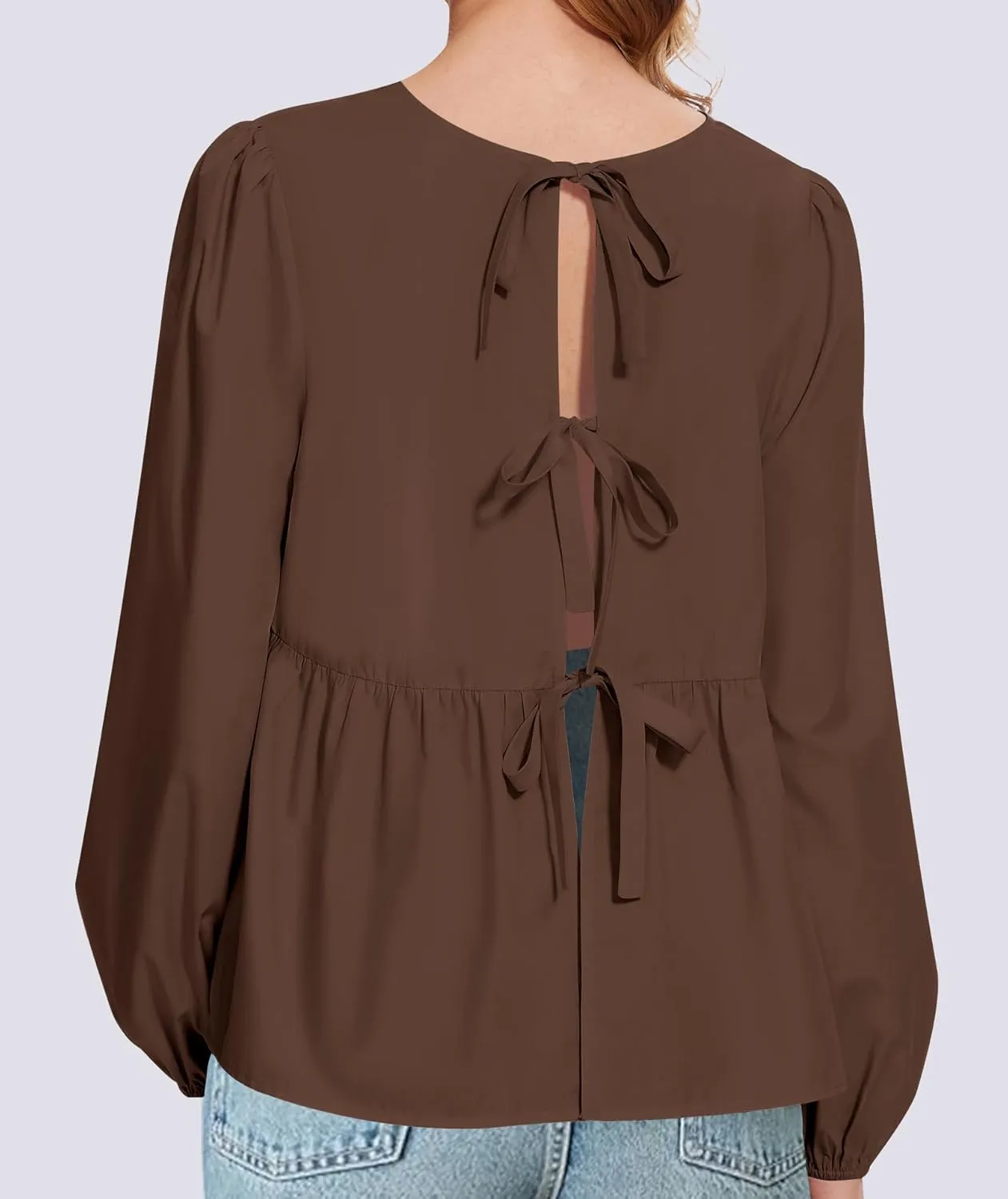 Tie Front Tops for Women Puff Long Sleeve Shirt Peplum Hem Cute Babydoll Blouse Y2k Going Out Tops