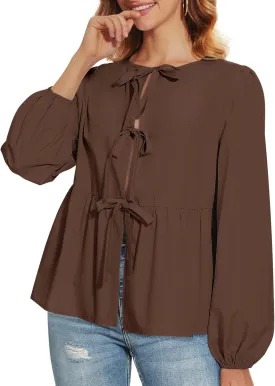 Tie Front Tops for Women Puff Long Sleeve Shirt Peplum Hem Cute Babydoll Blouse Y2k Going Out Tops
