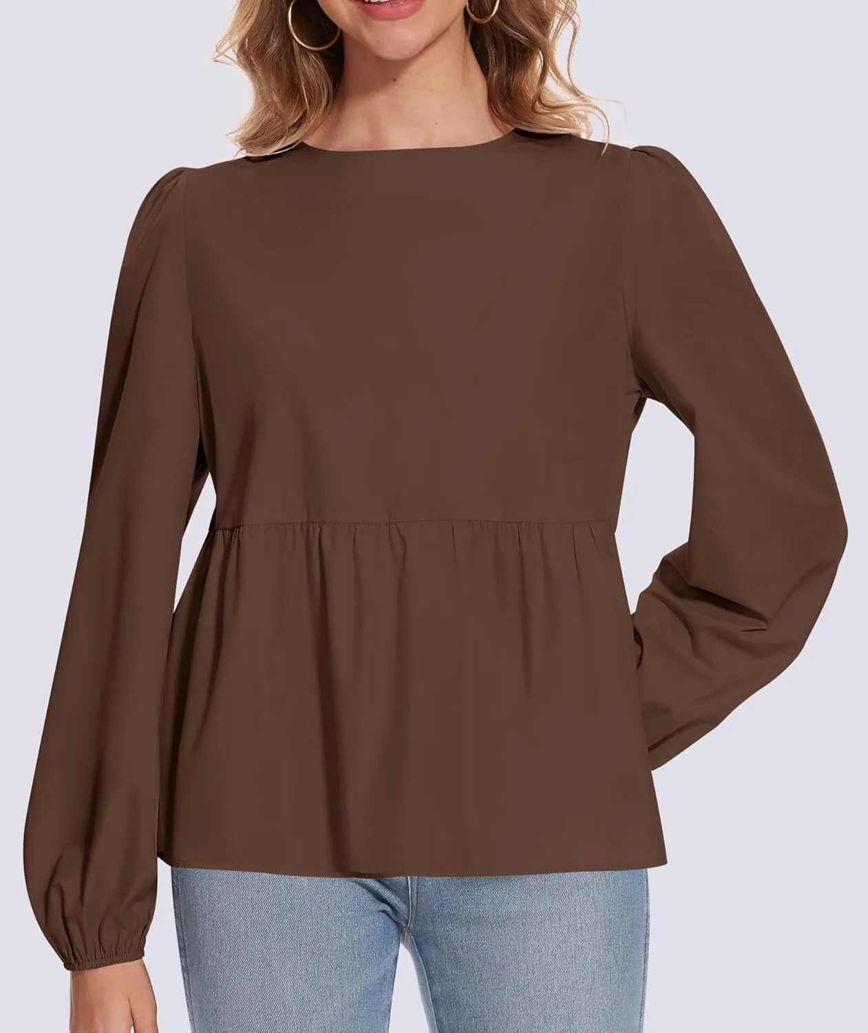 Tie Front Tops for Women Puff Long Sleeve Shirt Peplum Hem Cute Babydoll Blouse Y2k Going Out Tops