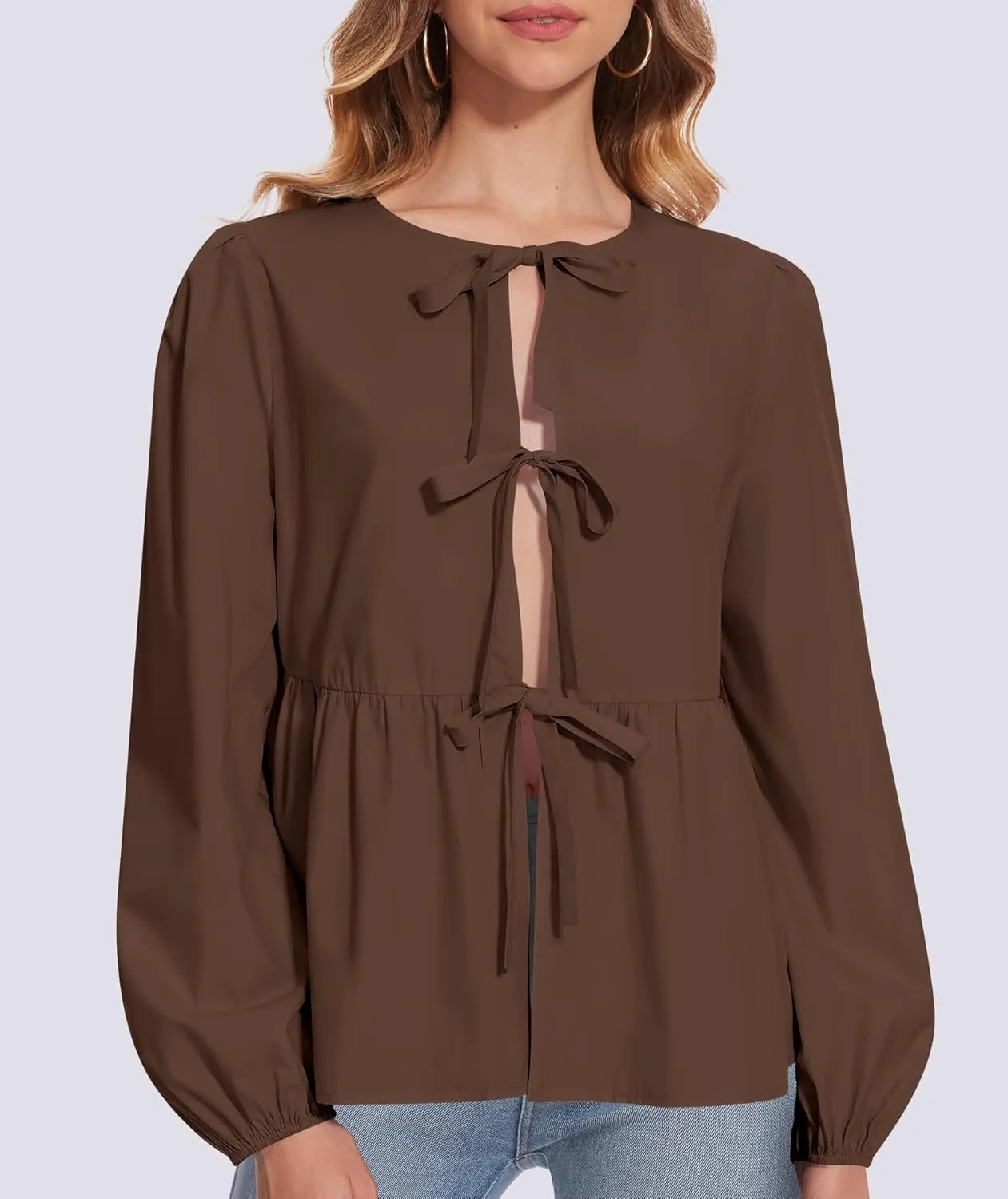 Tie Front Tops for Women Puff Long Sleeve Shirt Peplum Hem Cute Babydoll Blouse Y2k Going Out Tops
