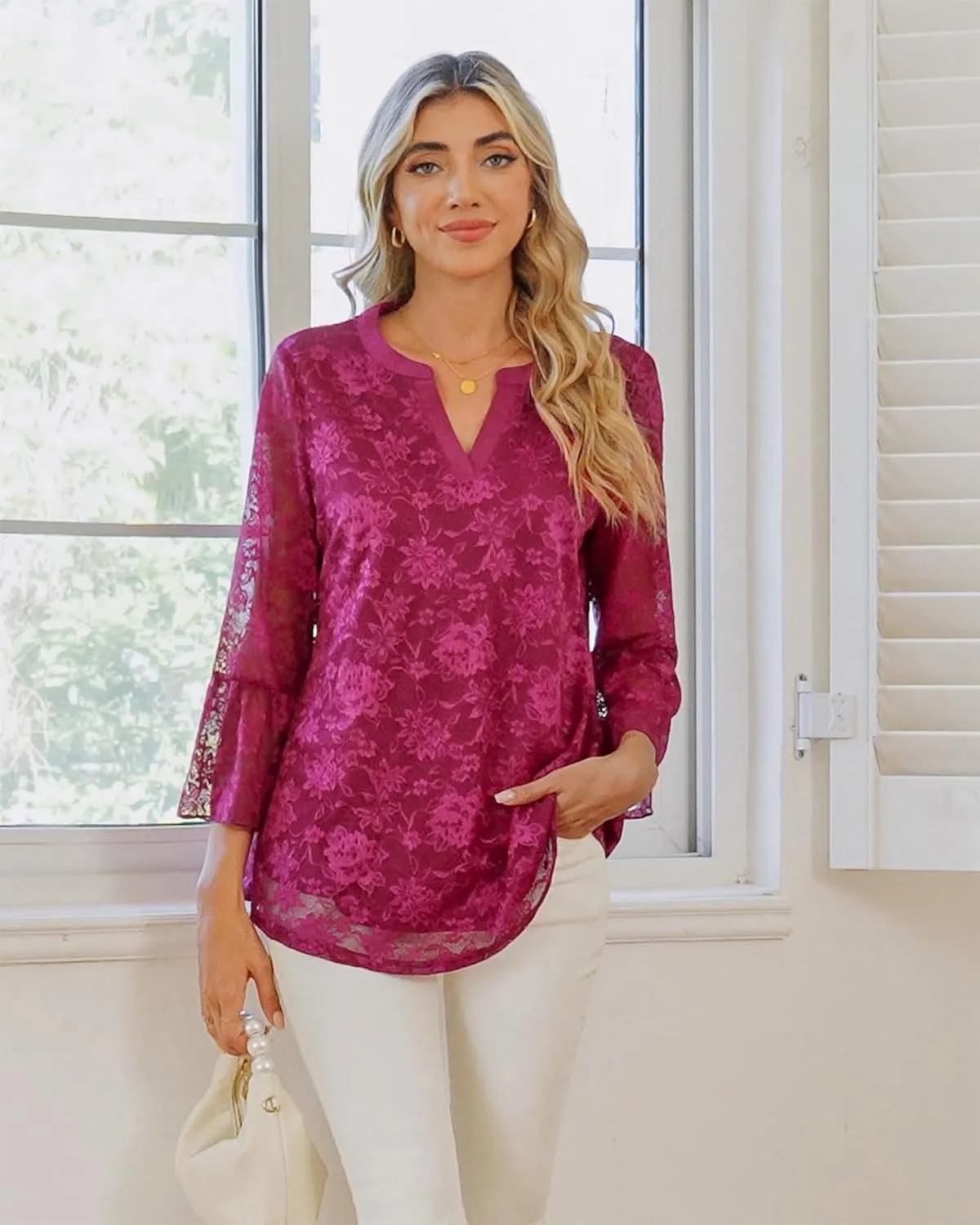 Timeson Women's 3/4 Sleeve Tops and Blouses V Neck Business Casual Shirts Dressy Tunics