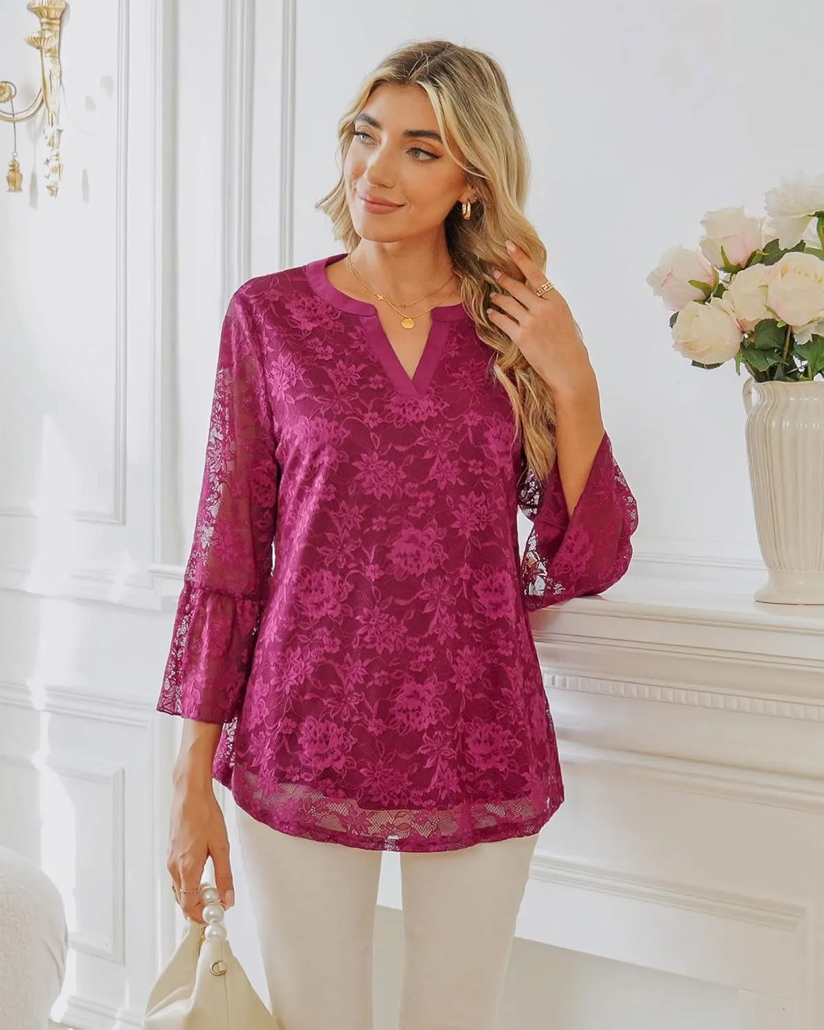 Timeson Women's 3/4 Sleeve Tops and Blouses V Neck Business Casual Shirts Dressy Tunics