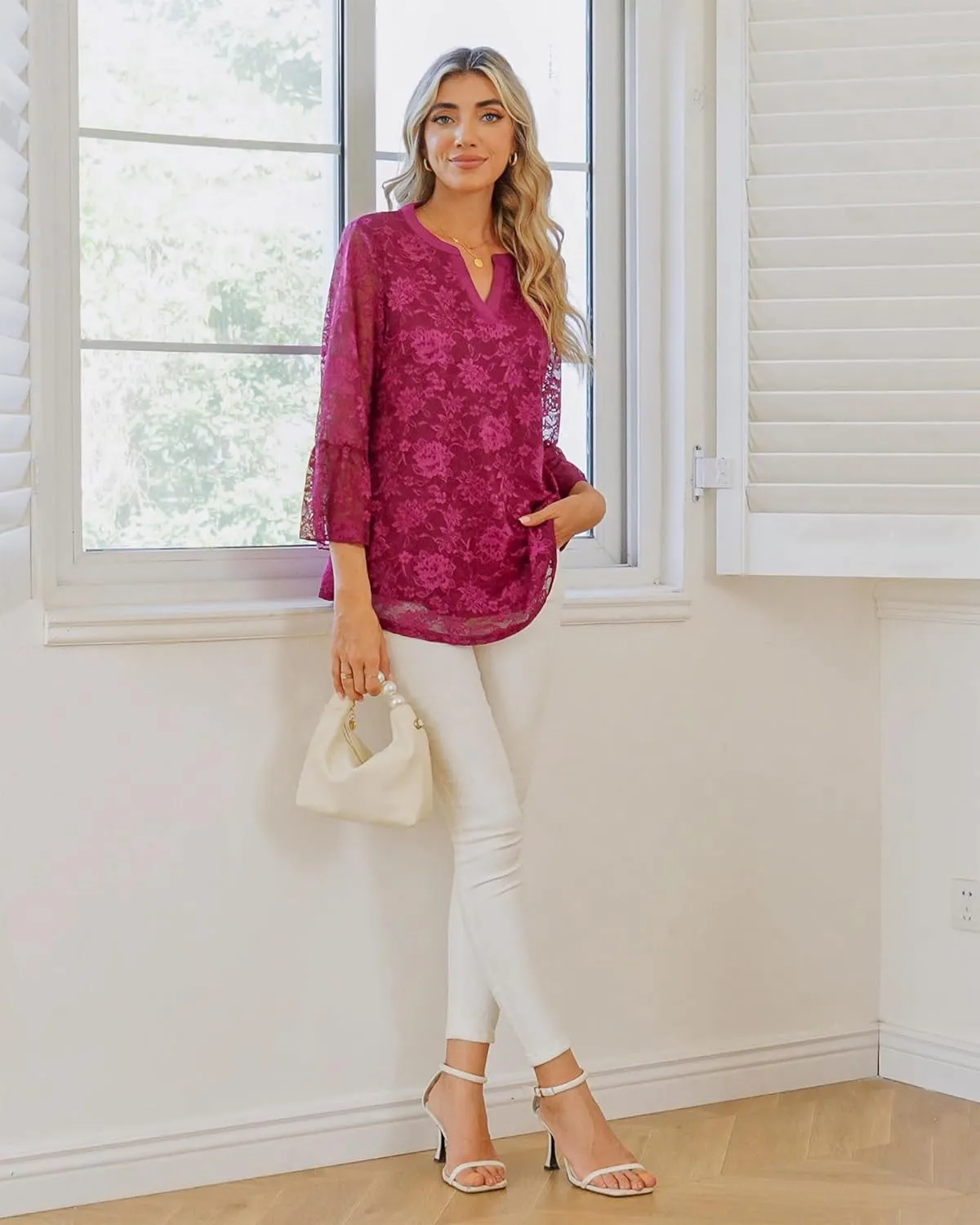 Timeson Women's 3/4 Sleeve Tops and Blouses V Neck Business Casual Shirts Dressy Tunics