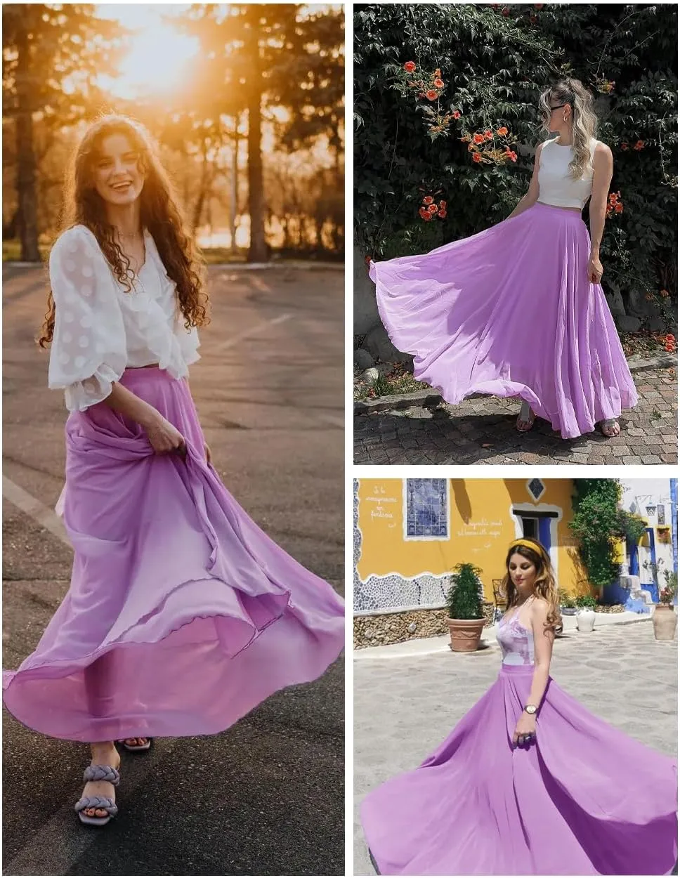 v28 Women Full/Ankle Length Elastic Pleated Retro Maxi Chiffon Long Skirt