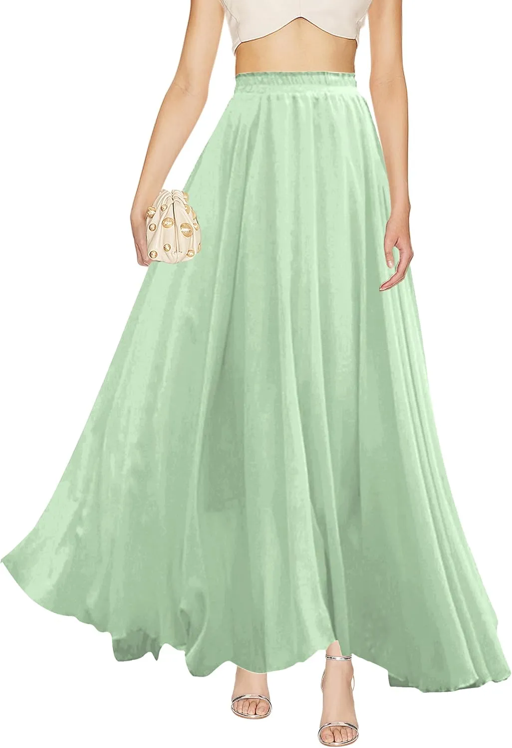 v28 Women Full/Ankle Length Elastic Pleated Retro Maxi Chiffon Long Skirt