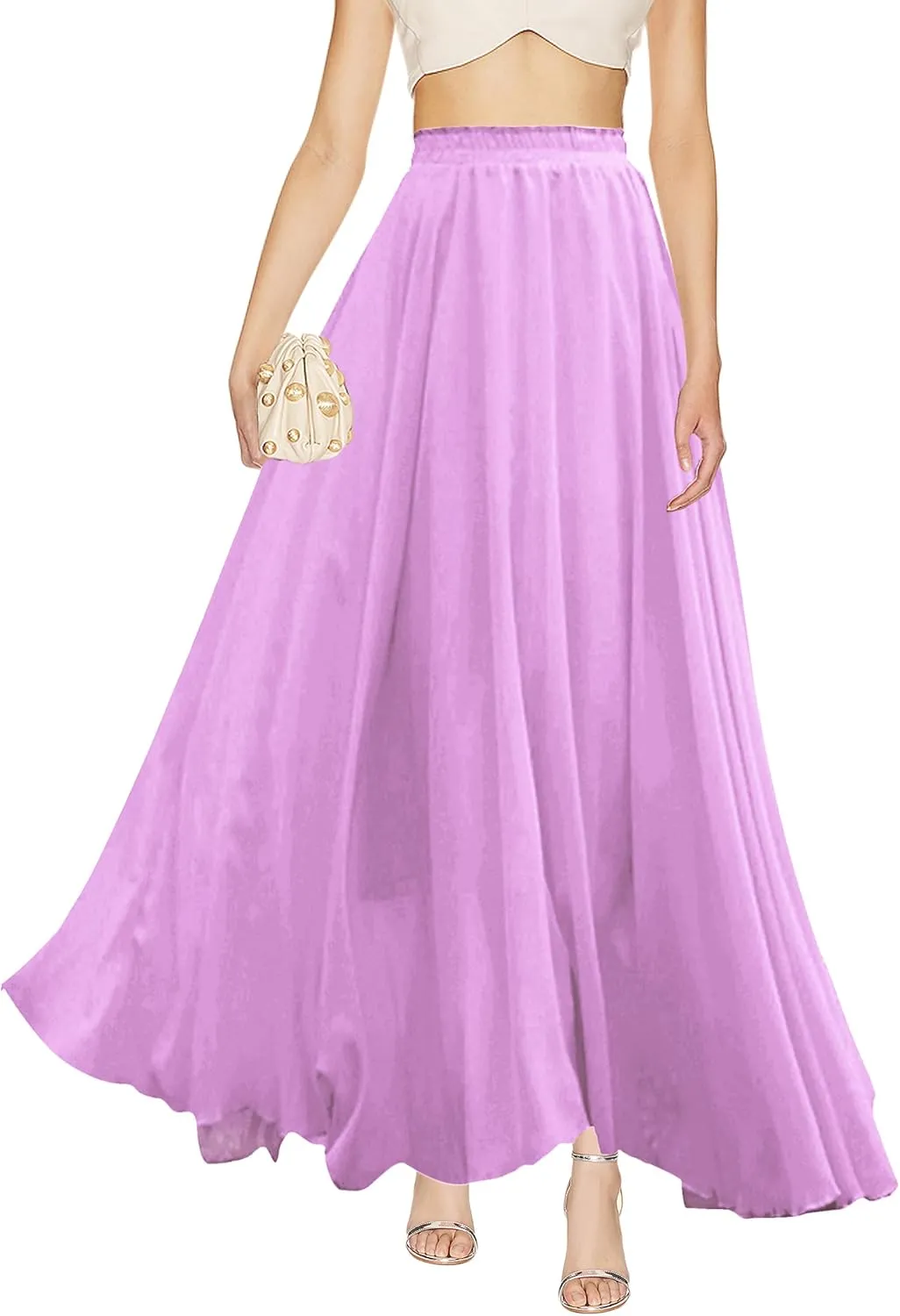 v28 Women Full/Ankle Length Elastic Pleated Retro Maxi Chiffon Long Skirt