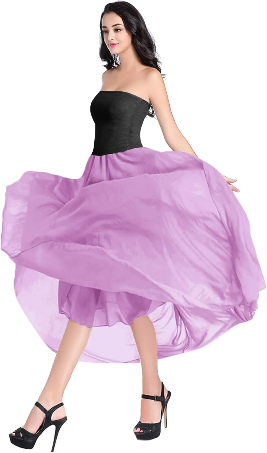 v28 Women Full/Ankle Length Elastic Pleated Retro Maxi Chiffon Long Skirt