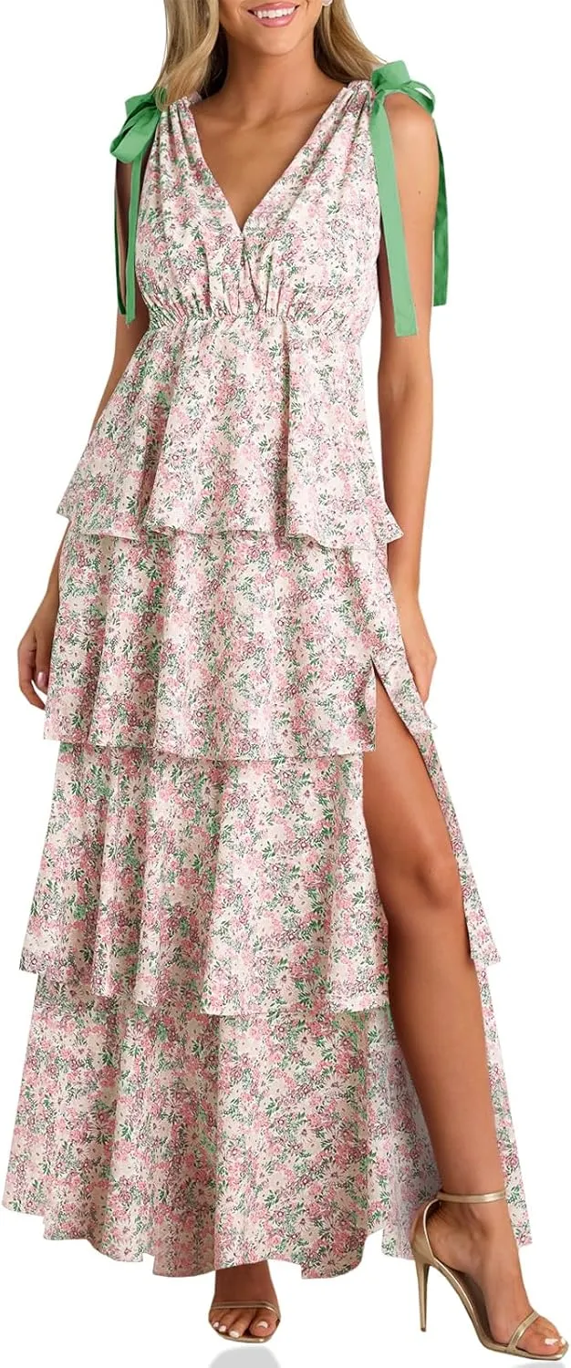 Wenrine Womens Summer Floral Maxi Dress Tie Strap Sleeveless V Neck High Slit Boho Ruffle Tiered Beach Dresses