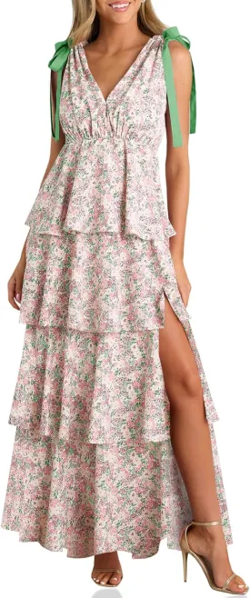 Wenrine Womens Summer Floral Maxi Dress Tie Strap Sleeveless V Neck High Slit Boho Ruffle Tiered Beach Dresses