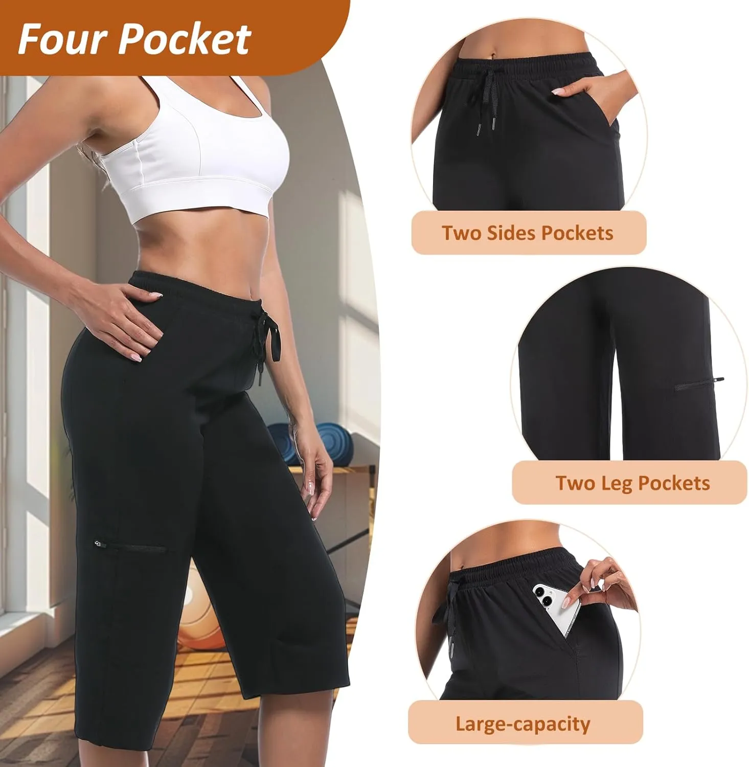 Women Cargo Pants, Lightweight Summer Hiking Travel Pants with Pockets, Stretch Breathable Outdoor Casual Capri