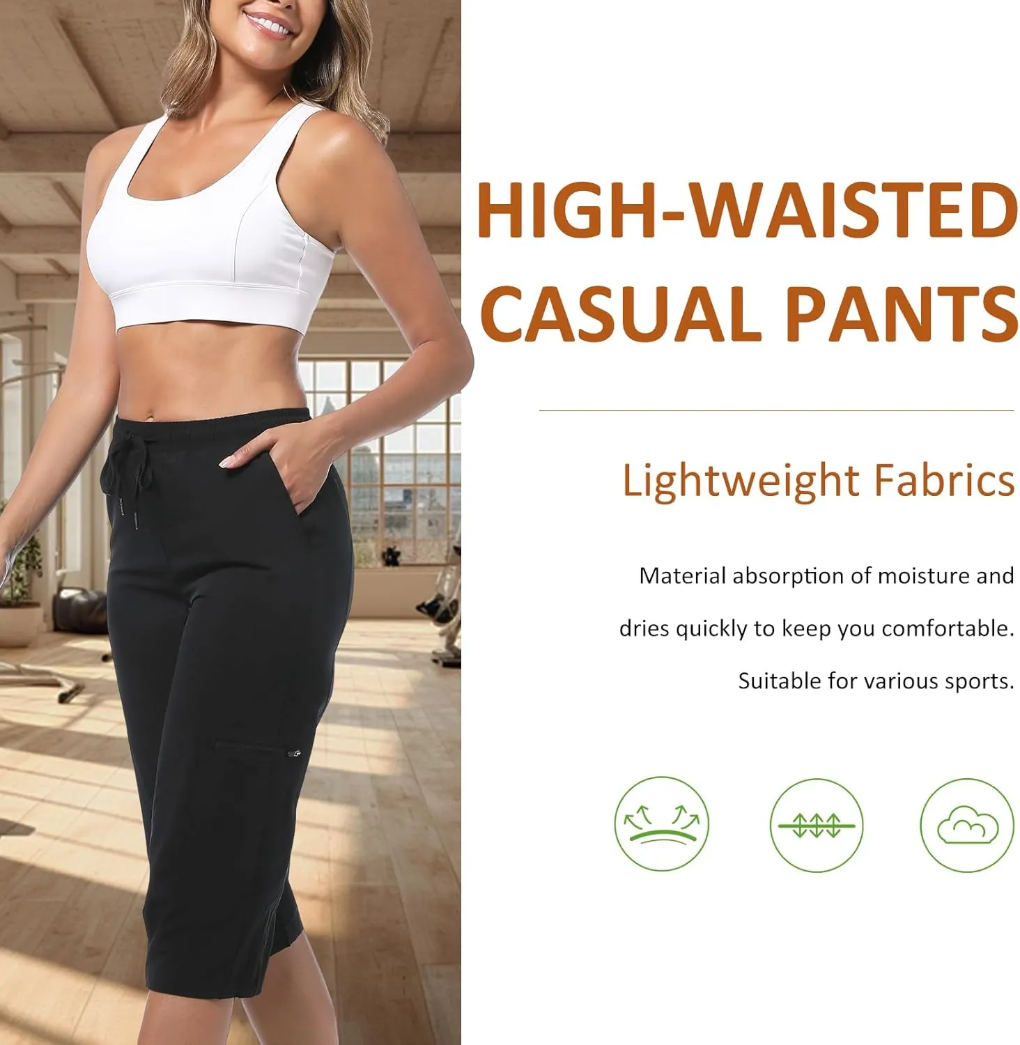 Women Cargo Pants, Lightweight Summer Hiking Travel Pants with Pockets, Stretch Breathable Outdoor Casual Capri