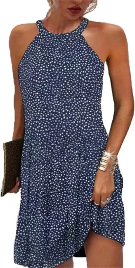 Womens Casual Halter Neck Dress Sleeveless Floral Print A-line Mini Sundress Summer for Beach Party Dresses 2025
