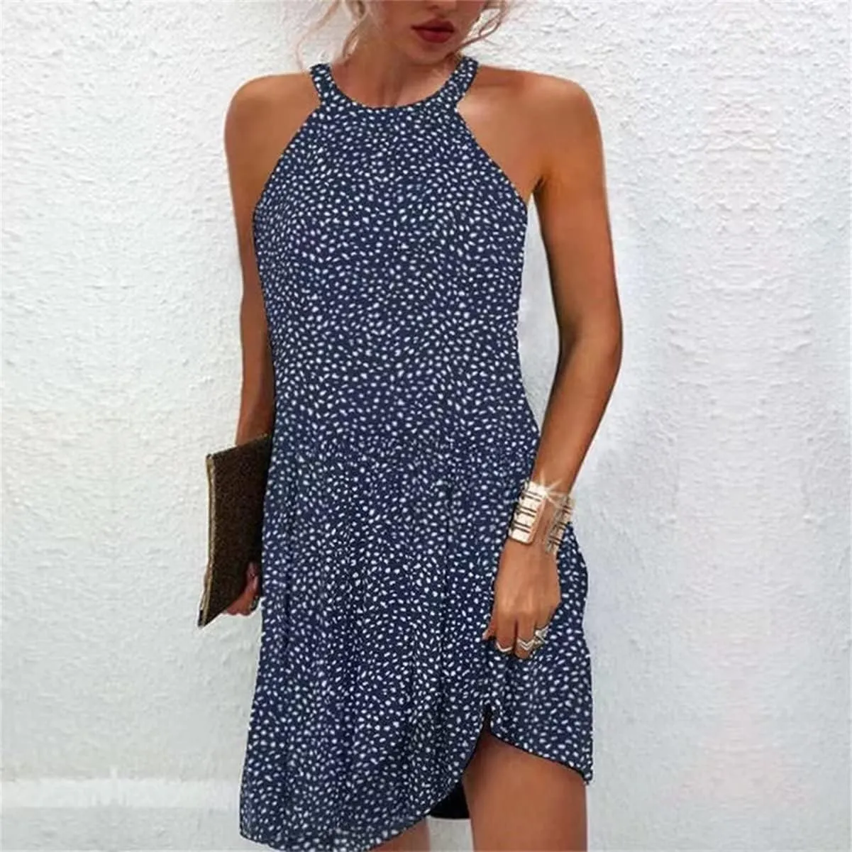 Womens Casual Halter Neck Dress Sleeveless Floral Print A-line Mini Sundress Summer for Beach Party Dresses 2025