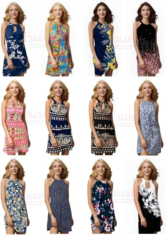 Womens Casual Halter Neck Dress Sleeveless Floral Print A-line Mini Sundress Summer for Beach Party Dresses 2025
