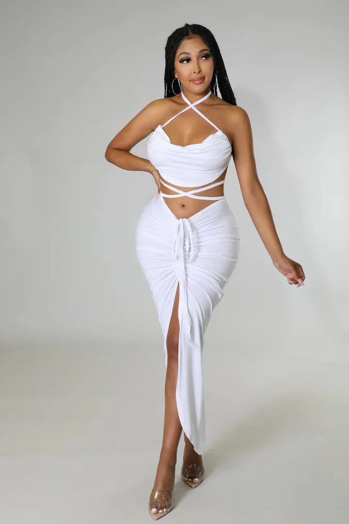 Women's Crop Top Self Tie Slit High Waisted Drawstring  White Skirt Set