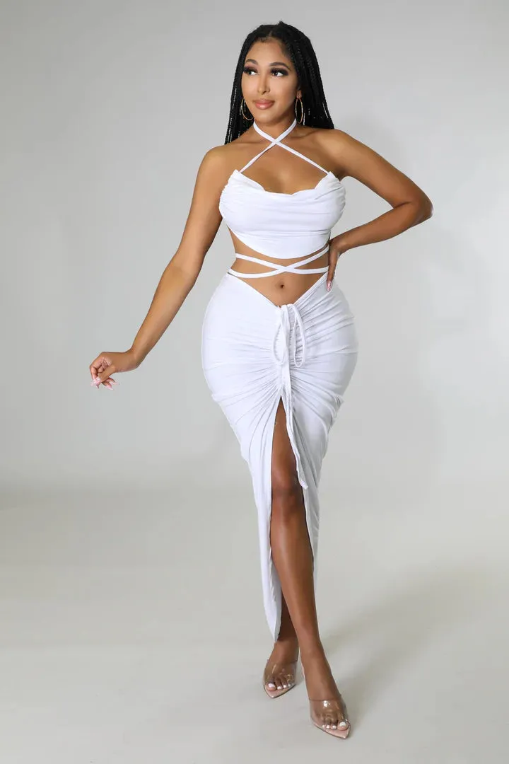Women's Crop Top Self Tie Slit High Waisted Drawstring  White Skirt Set