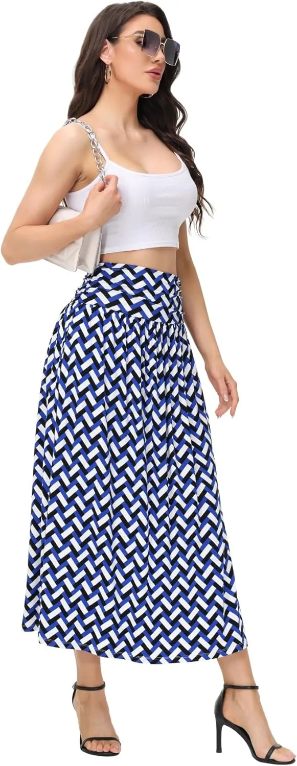 Womens Elegant Maxi Skirt Casual Ruched High Waist Flowy Long Skirts Reg and Plus Size with Pockets Black Floral