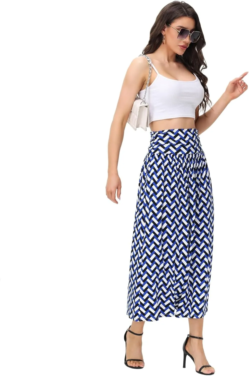 Womens Elegant Maxi Skirt Casual Ruched High Waist Flowy Long Skirts Reg and Plus Size with Pockets Black Floral
