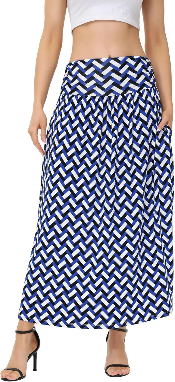 Womens Elegant Maxi Skirt Casual Ruched High Waist Flowy Long Skirts Reg and Plus Size with Pockets Black Floral