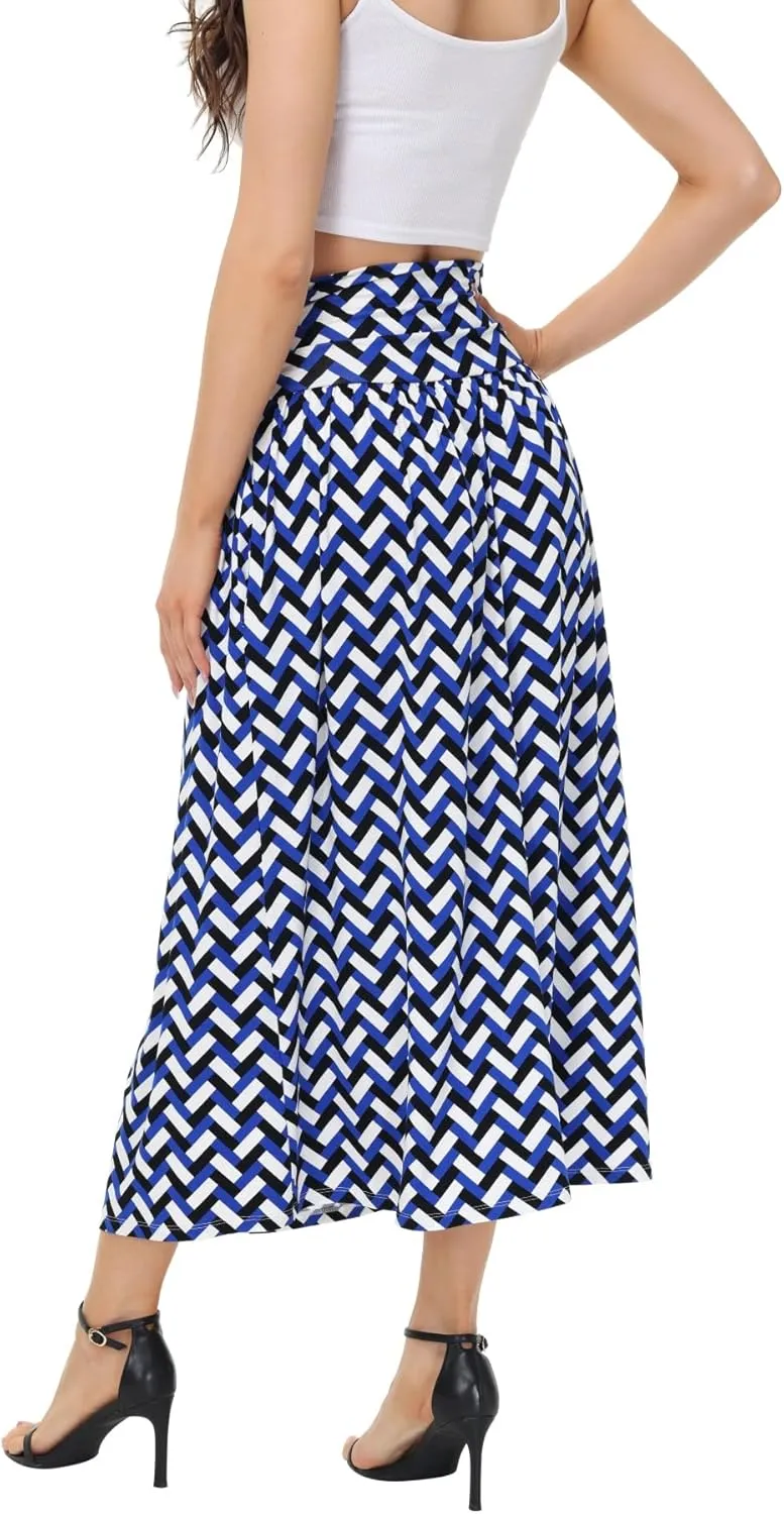 Womens Elegant Maxi Skirt Casual Ruched High Waist Flowy Long Skirts Reg and Plus Size with Pockets Black Floral