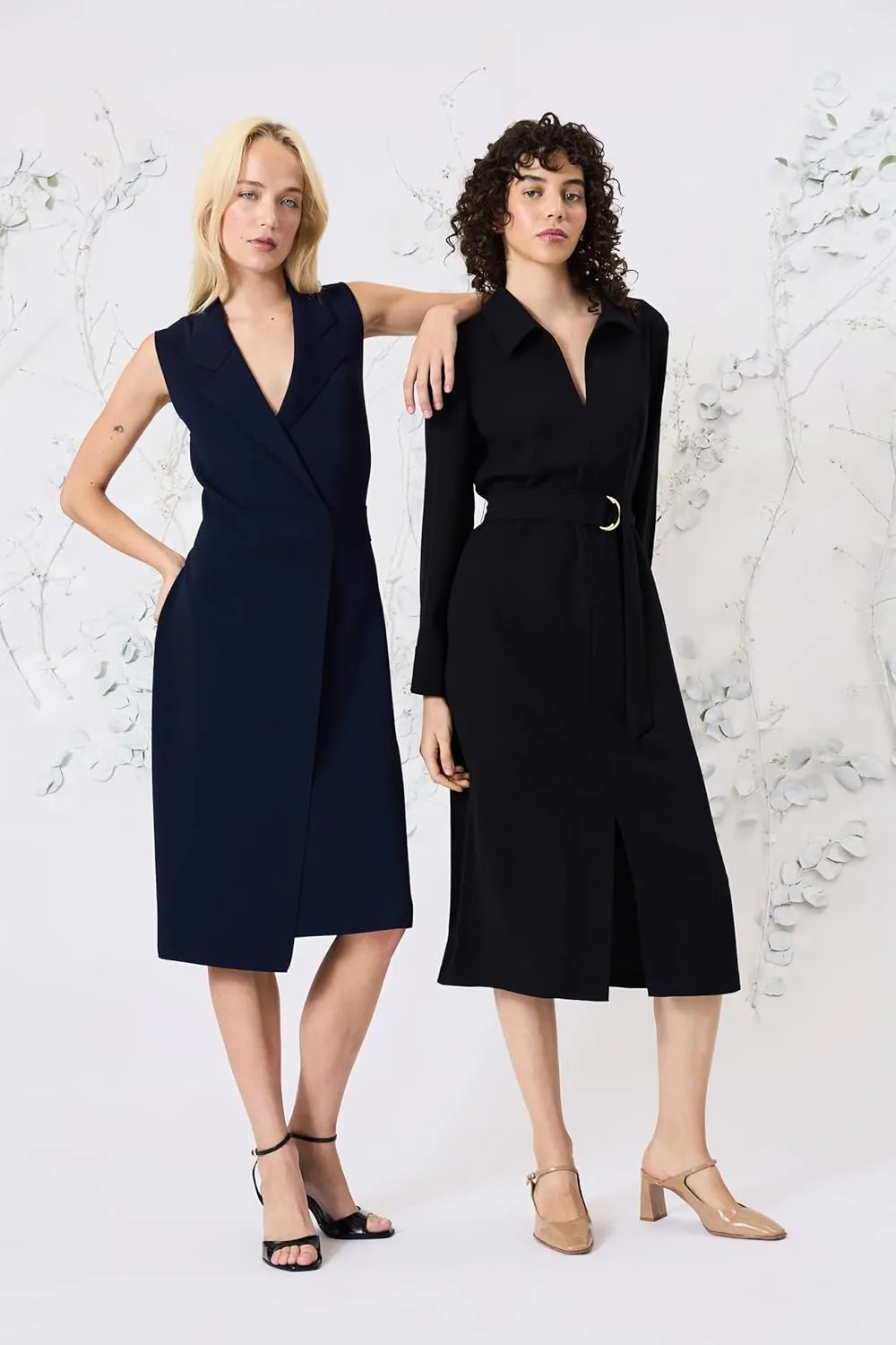 Women's Elegant V-Neck Long Sleeve Midi Belted Waist with Pockets-Versatile Work to Cocktail Dresses