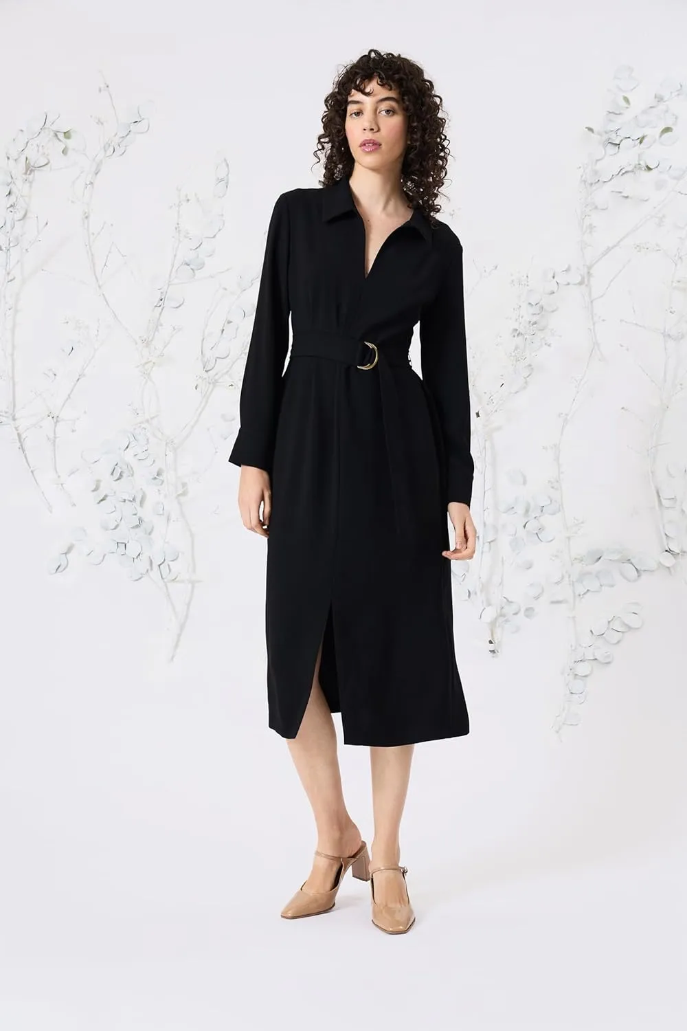 Women's Elegant V-Neck Long Sleeve Midi Belted Waist with Pockets-Versatile Work to Cocktail Dresses
