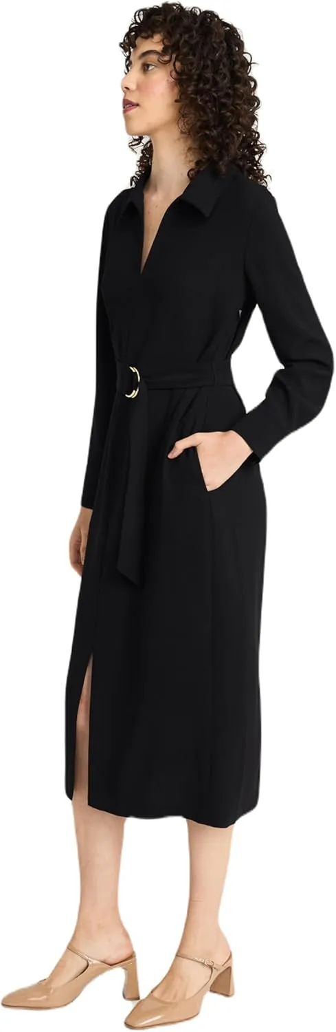 Women's Elegant V-Neck Long Sleeve Midi Belted Waist with Pockets-Versatile Work to Cocktail Dresses