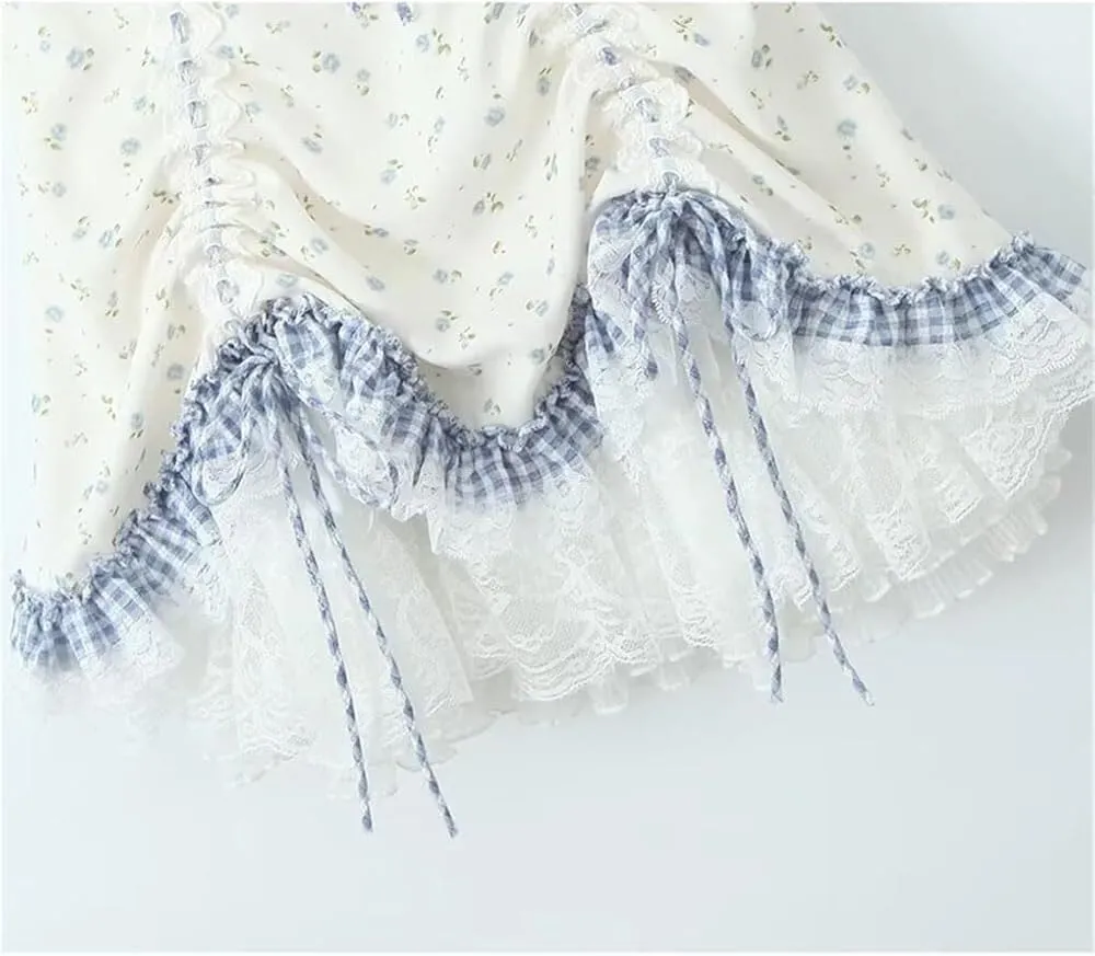 Women's Floral Lace Trim Mini Dress Puff Sleeves Drawstring Waist Ruffle Hem Beach Vacation Dresses