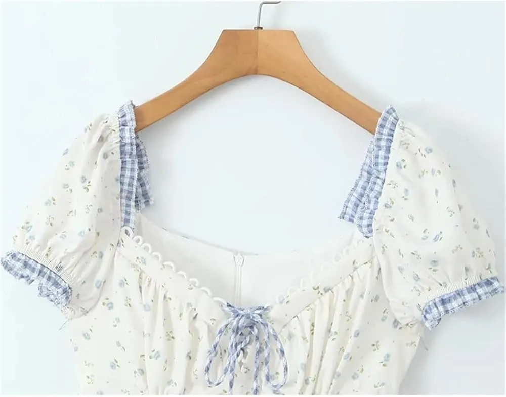 Women's Floral Lace Trim Mini Dress Puff Sleeves Drawstring Waist Ruffle Hem Beach Vacation Dresses