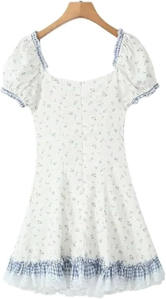 Women's Floral Lace Trim Mini Dress Puff Sleeves Drawstring Waist Ruffle Hem Beach Vacation Dresses