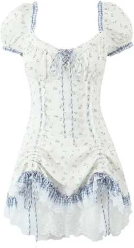Women's Floral Lace Trim Mini Dress Puff Sleeves Drawstring Waist Ruffle Hem Beach Vacation Dresses