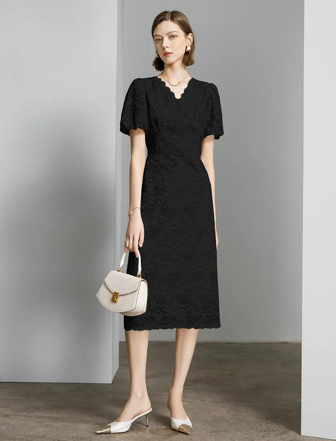 Women's Lace Floral V-Neck Dress with Puff Sleeves and Back Zipper, Elegant and Romantic Design