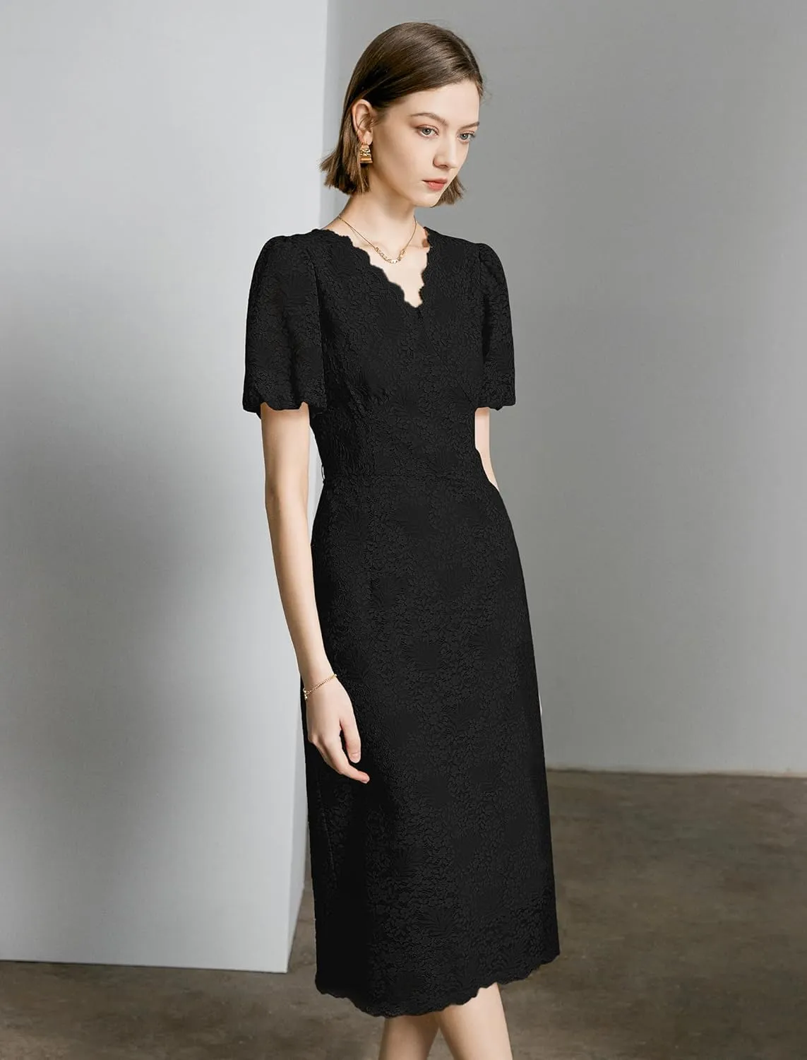 Women's Lace Floral V-Neck Dress with Puff Sleeves and Back Zipper, Elegant and Romantic Design